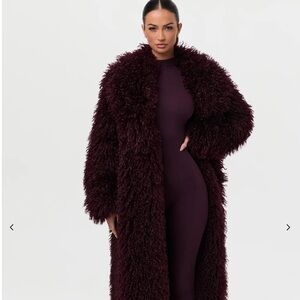 naked wardrobe Plush Faux-Shearling Coat in Burgundy